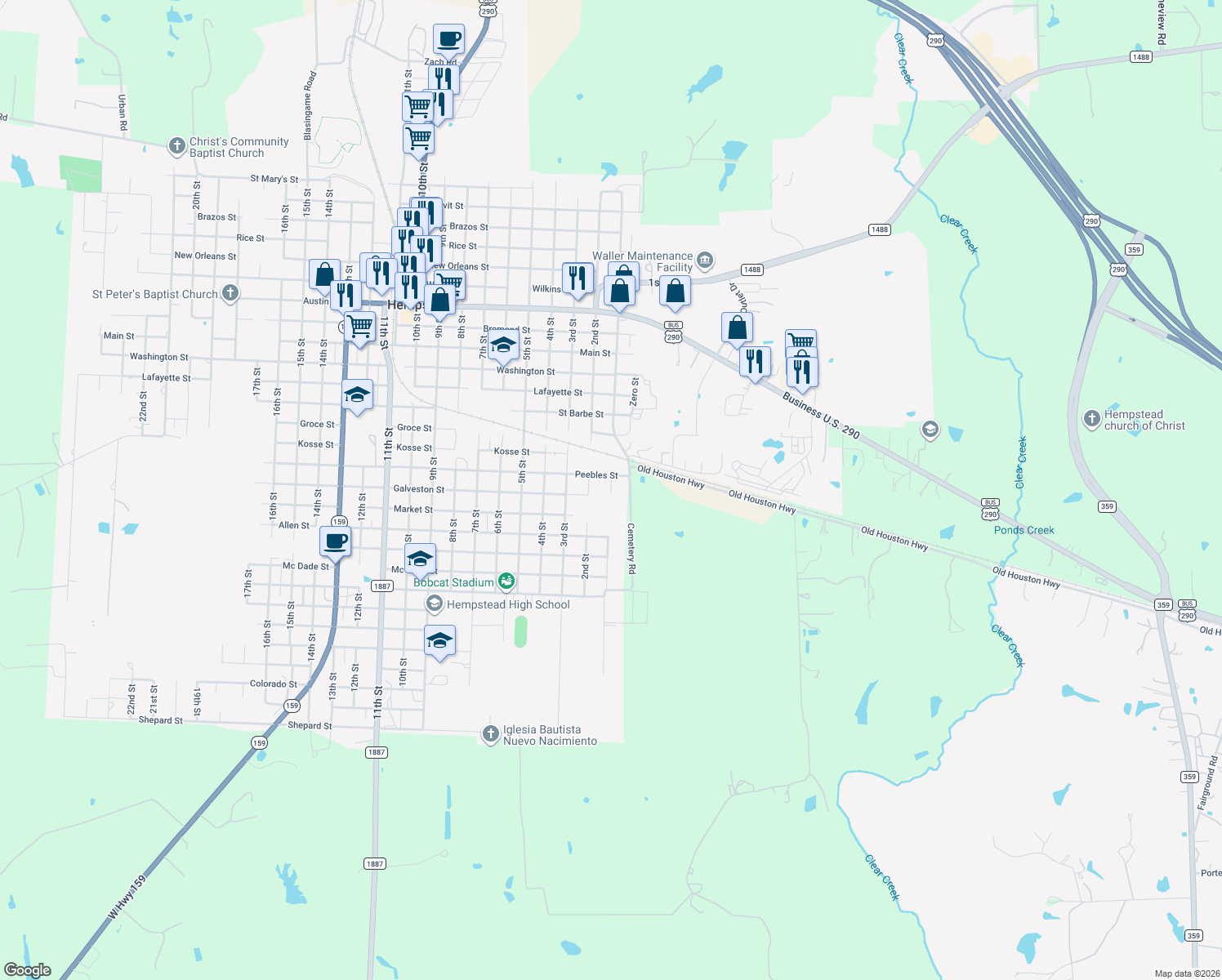 map of restaurants, bars, coffee shops, grocery stores, and more near 1640 1st Street in Hempstead