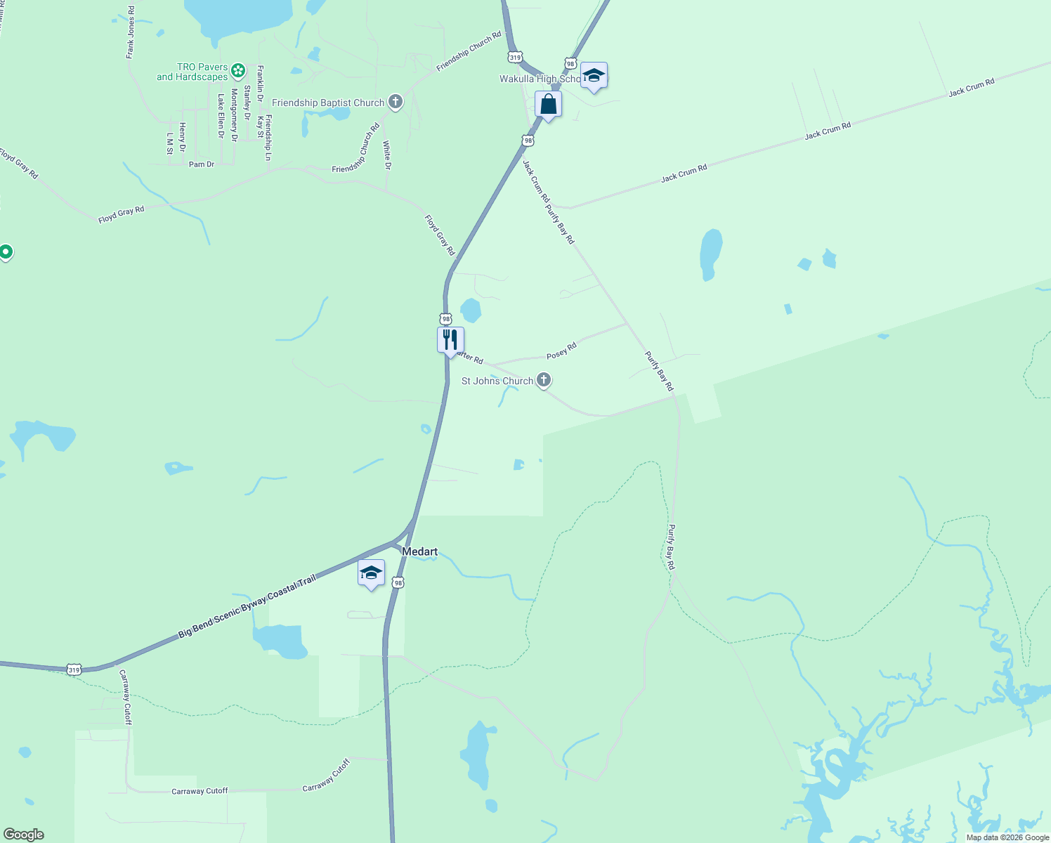 map of restaurants, bars, coffee shops, grocery stores, and more near 123 Carter Road in Crawfordville