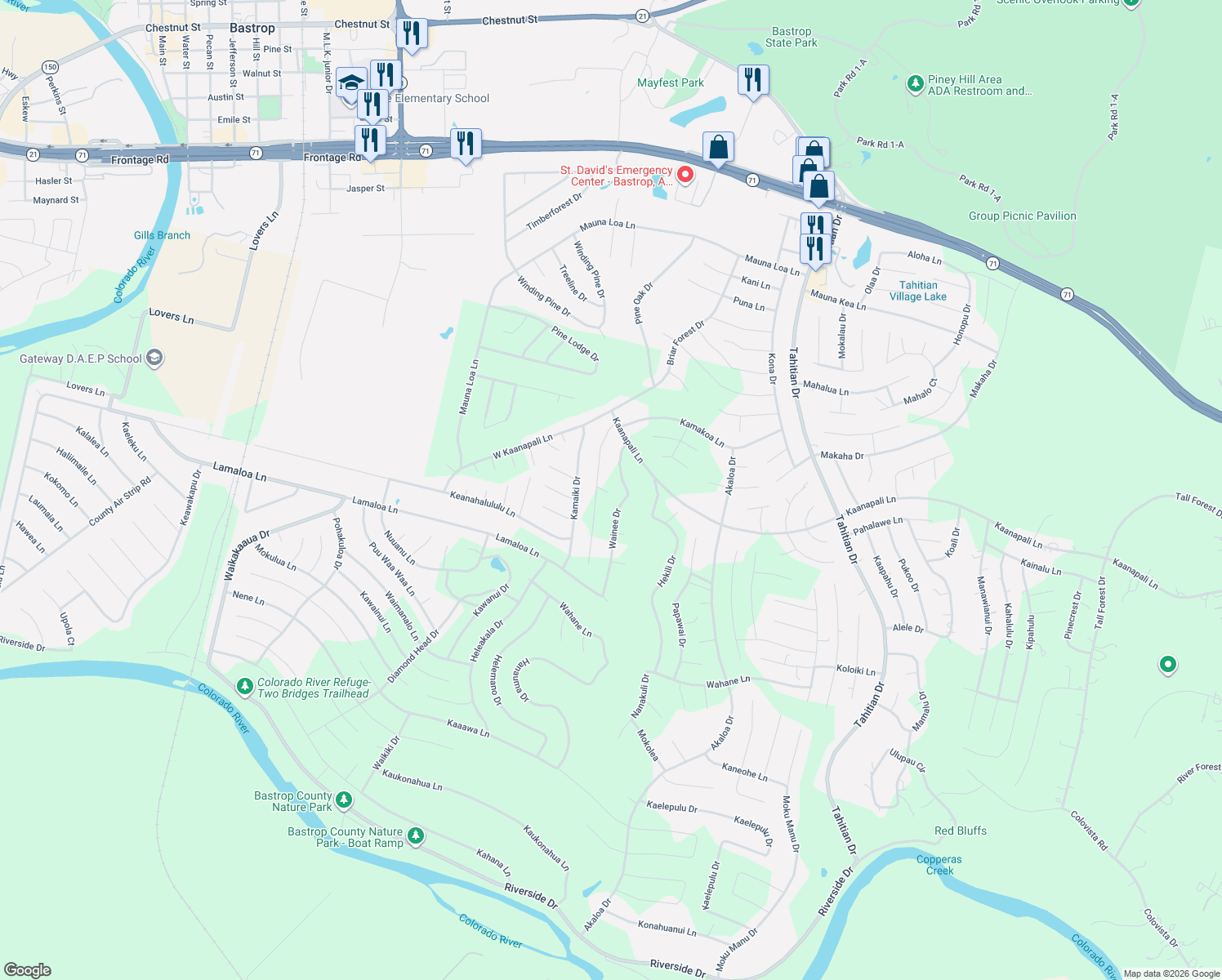 map of restaurants, bars, coffee shops, grocery stores, and more near 126 Wainee Drive in Bastrop