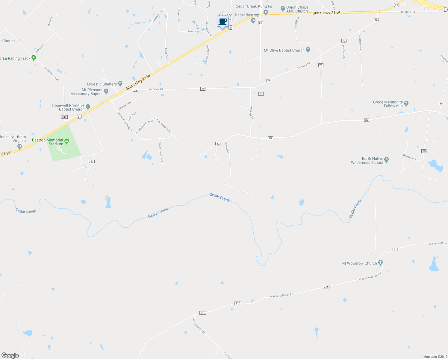 map of restaurants, bars, coffee shops, grocery stores, and more near 172 Clover Road in Cedar Creek