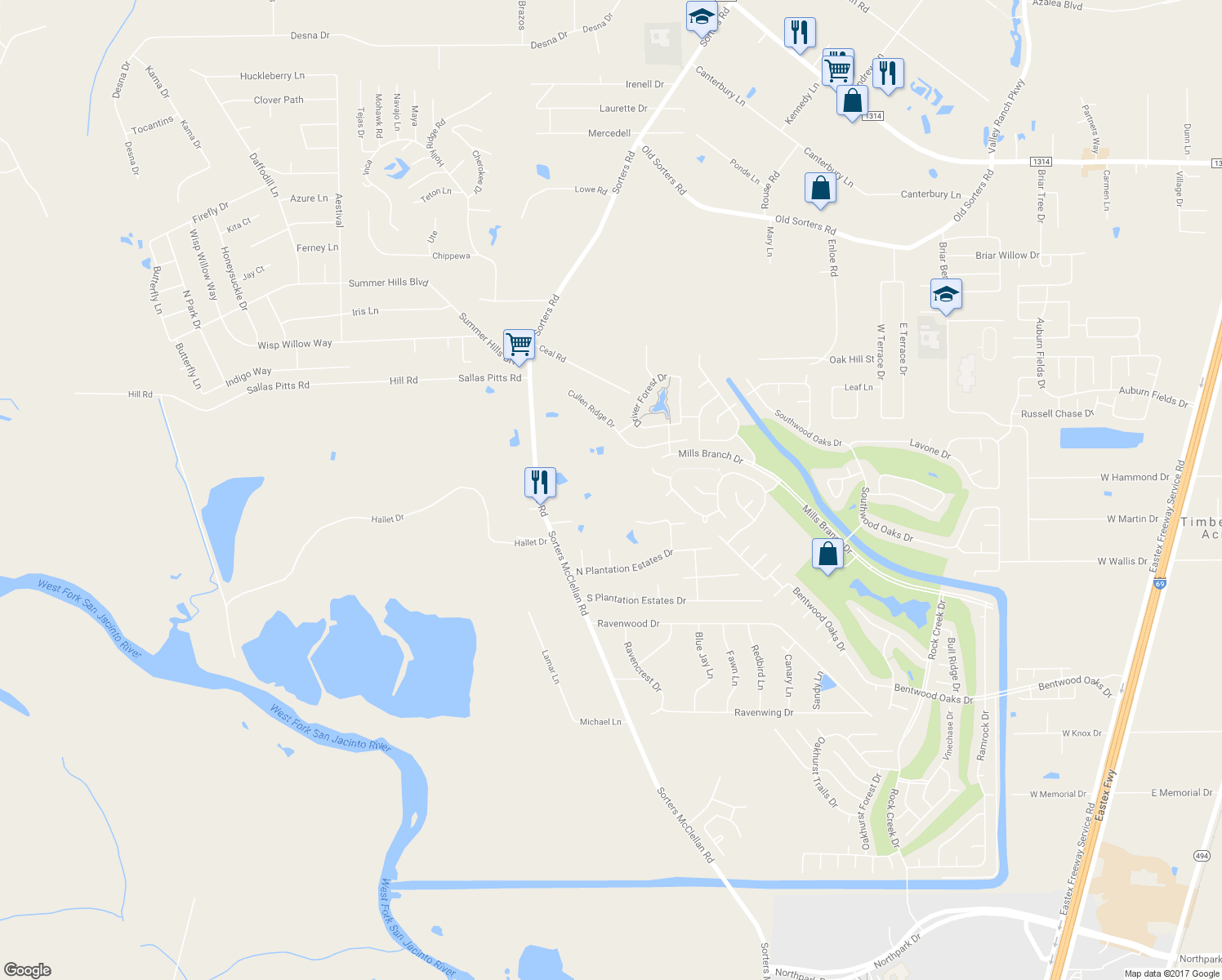 map of restaurants, bars, coffee shops, grocery stores, and more near 24685 Sorters Road in Porter