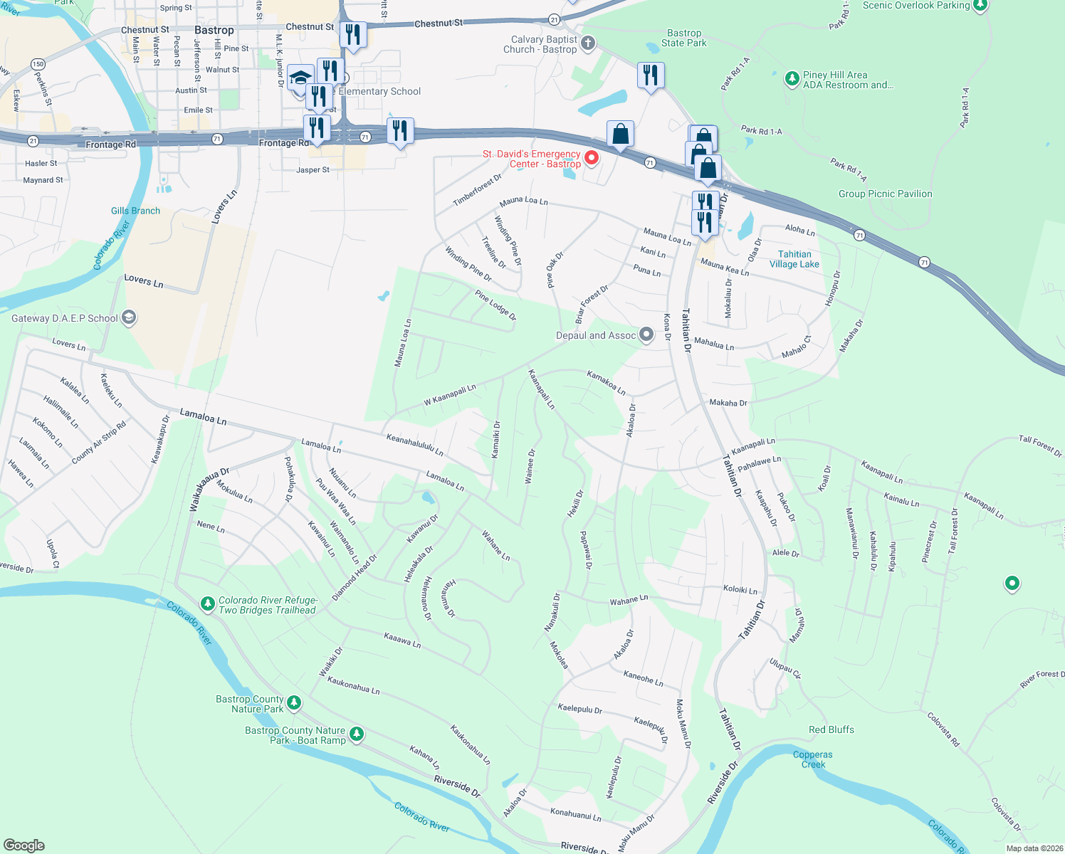 map of restaurants, bars, coffee shops, grocery stores, and more near 126 Wainee Dr in Bastrop
