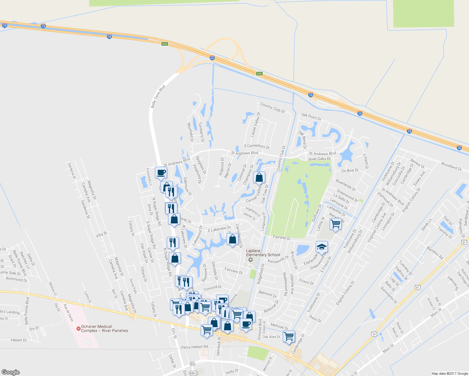 map of restaurants, bars, coffee shops, grocery stores, and more near 2045 Colonial Drive in LaPlace