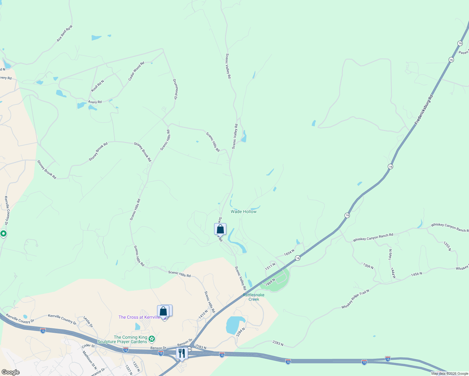 map of restaurants, bars, coffee shops, grocery stores, and more near 291 Scenic Valley Road in Kerrville
