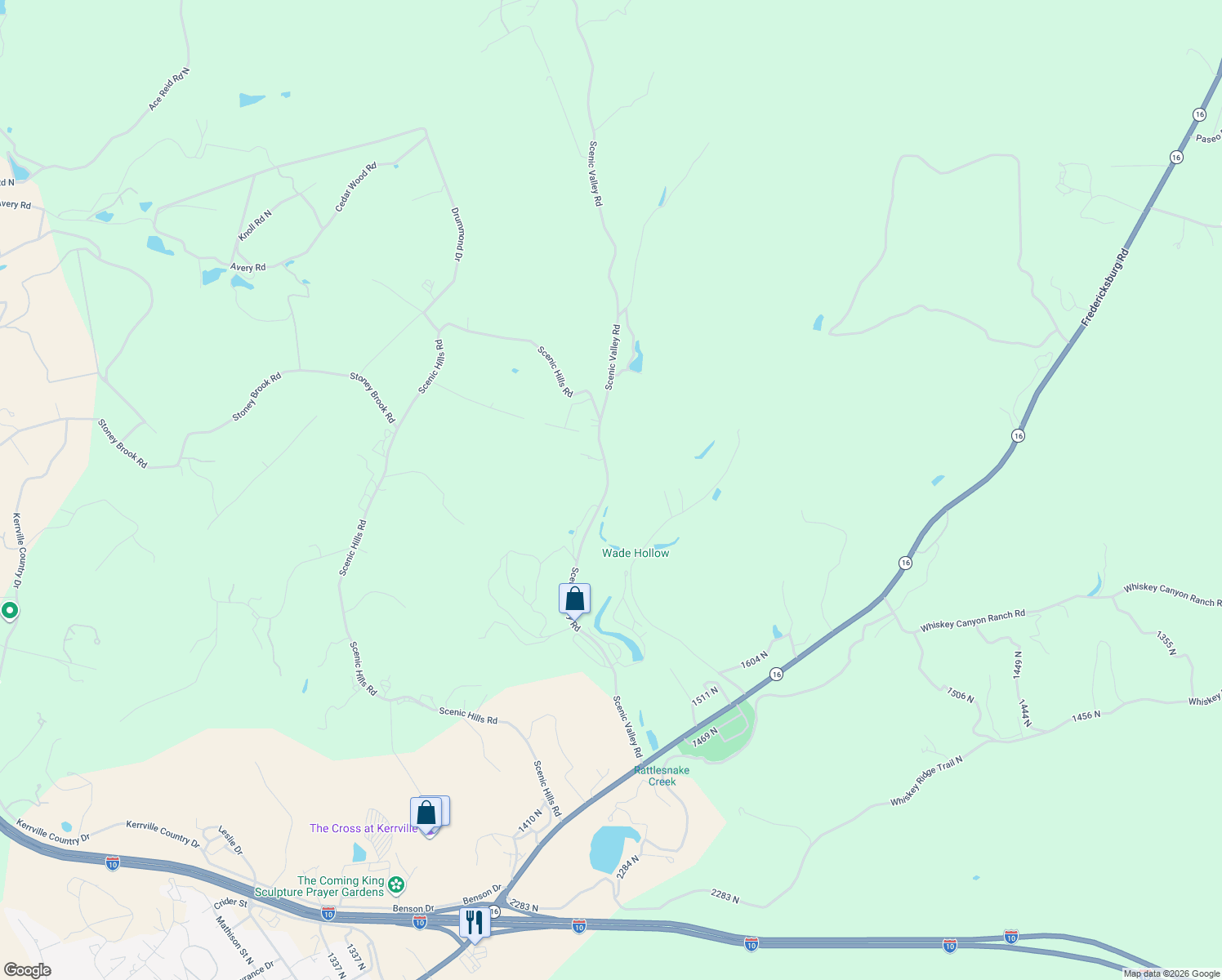 map of restaurants, bars, coffee shops, grocery stores, and more near 291 Scenic Valley Road in Kerrville