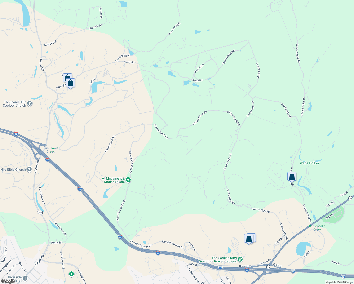 map of restaurants, bars, coffee shops, grocery stores, and more near 284 Stoney Brook Road in Kerrville