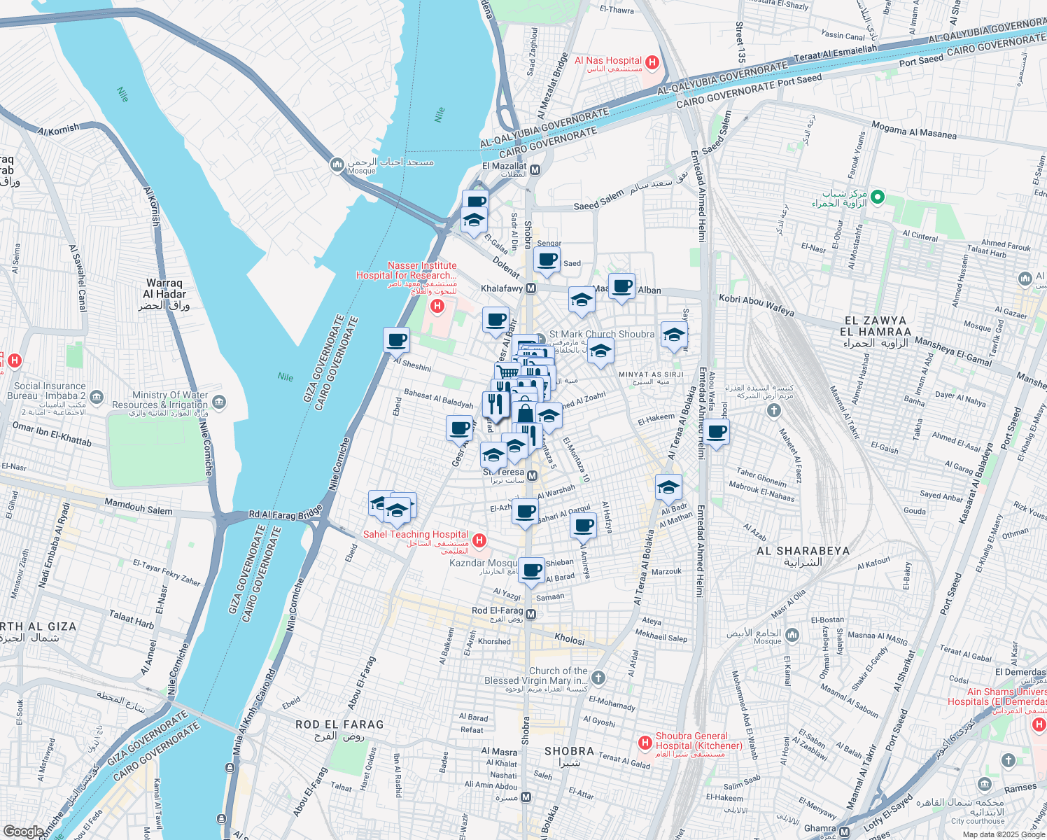 map of restaurants, bars, coffee shops, grocery stores, and more near 188 Shobra in El Sahel
