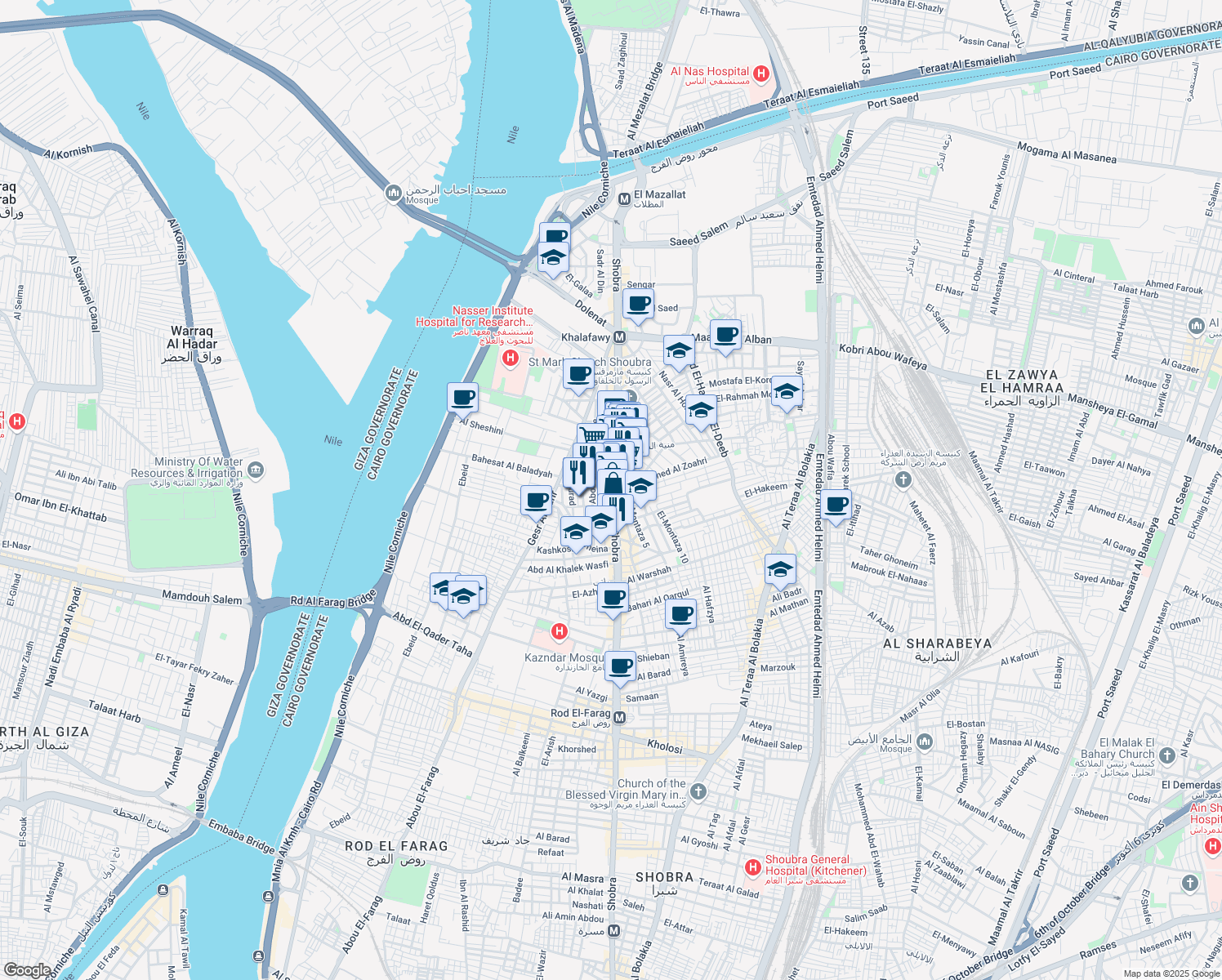 map of restaurants, bars, coffee shops, grocery stores, and more near 188 Shobra in El Sahel