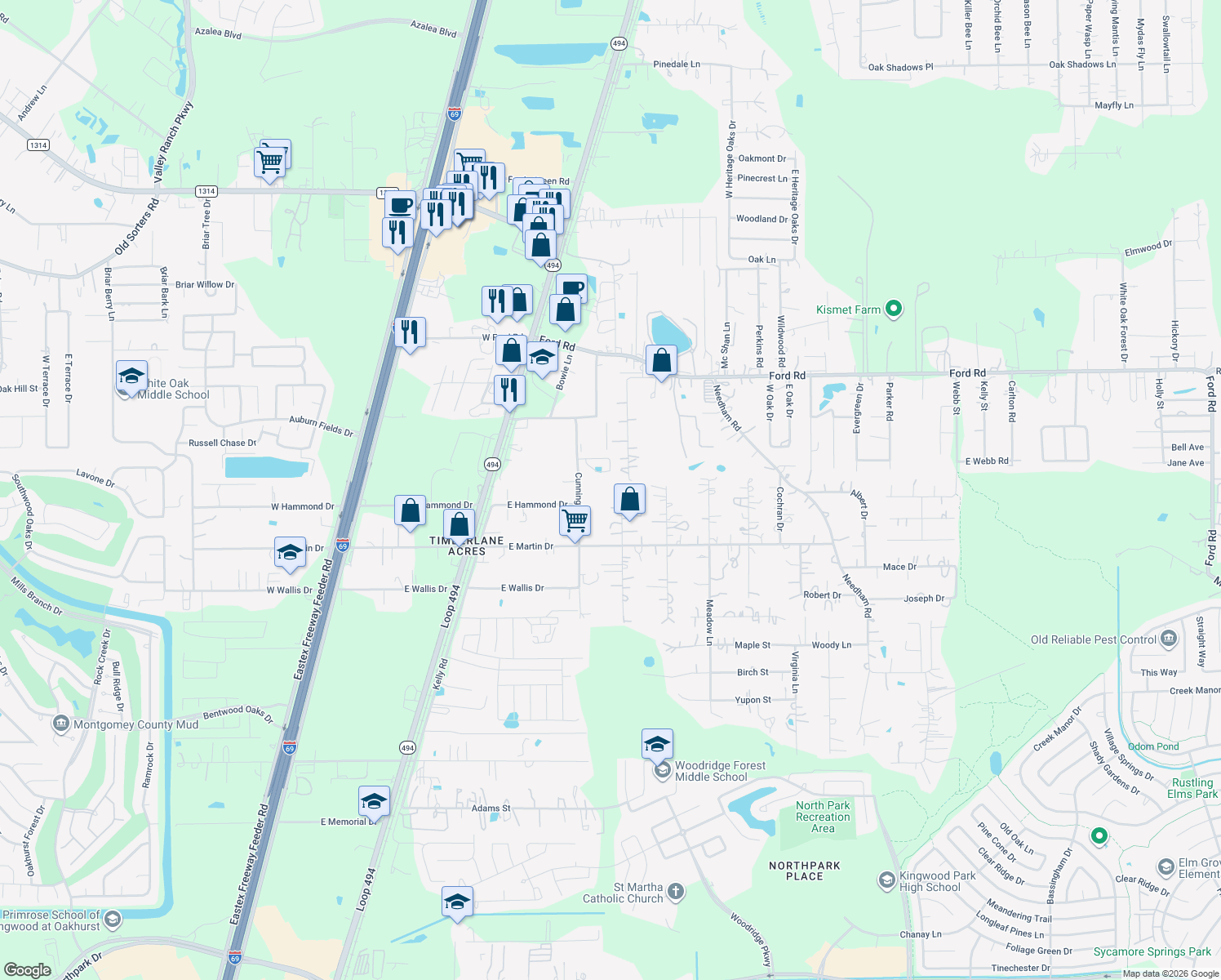 map of restaurants, bars, coffee shops, grocery stores, and more near 7603 Timber Switch Rd in Cleveland