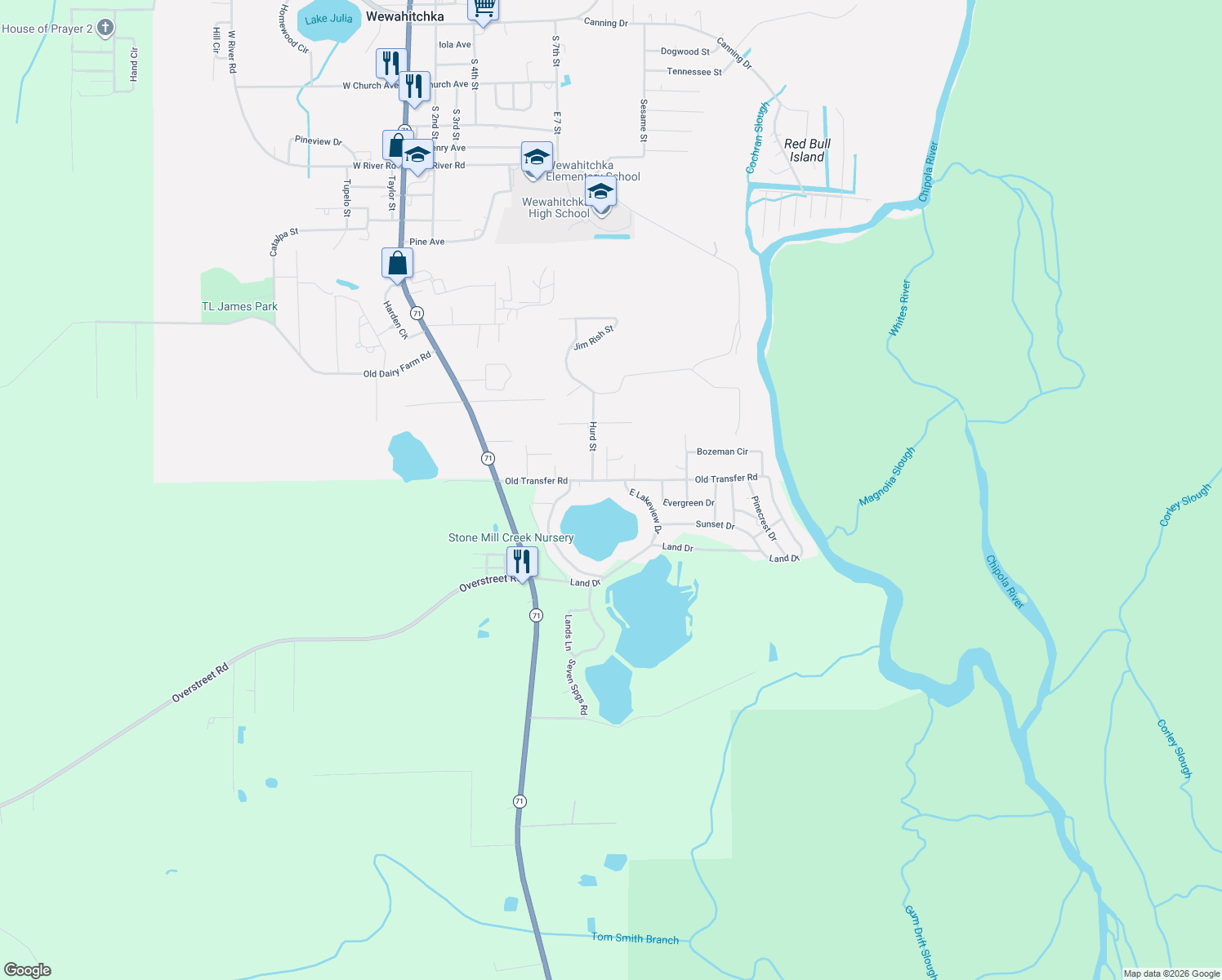 map of restaurants, bars, coffee shops, grocery stores, and more near 580 Old Transfer Road in Wewahitchka