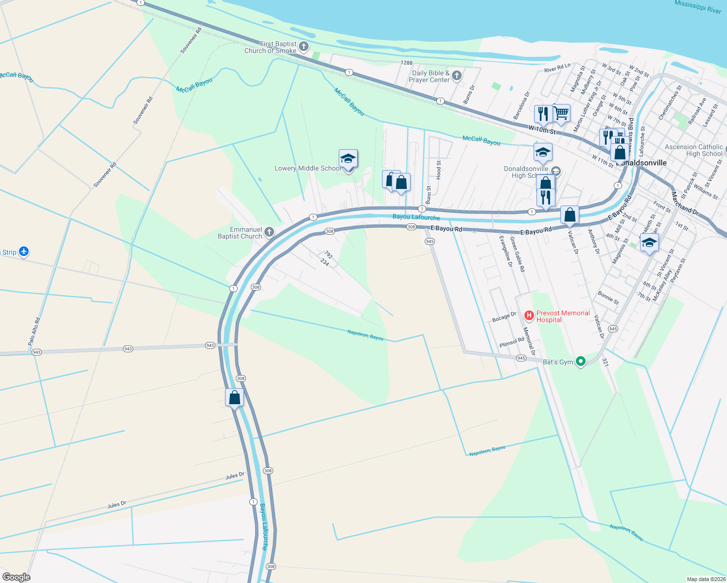 map of restaurants, bars, coffee shops, grocery stores, and more near 35341 Julie Dr in Donaldsonville
