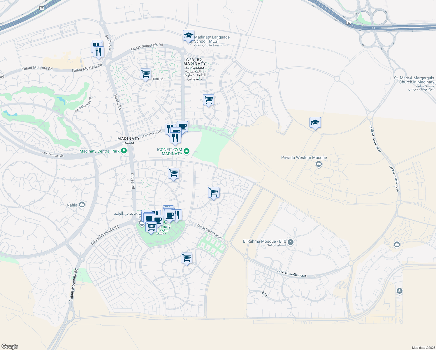 map of restaurants, bars, coffee shops, grocery stores, and more near in Second New Cairo
