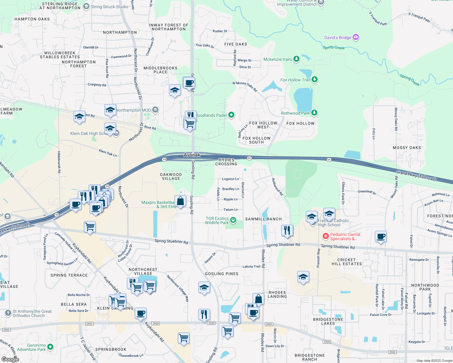 map of restaurants, bars, coffee shops, grocery stores, and more near 5407 Logston Lane in Spring