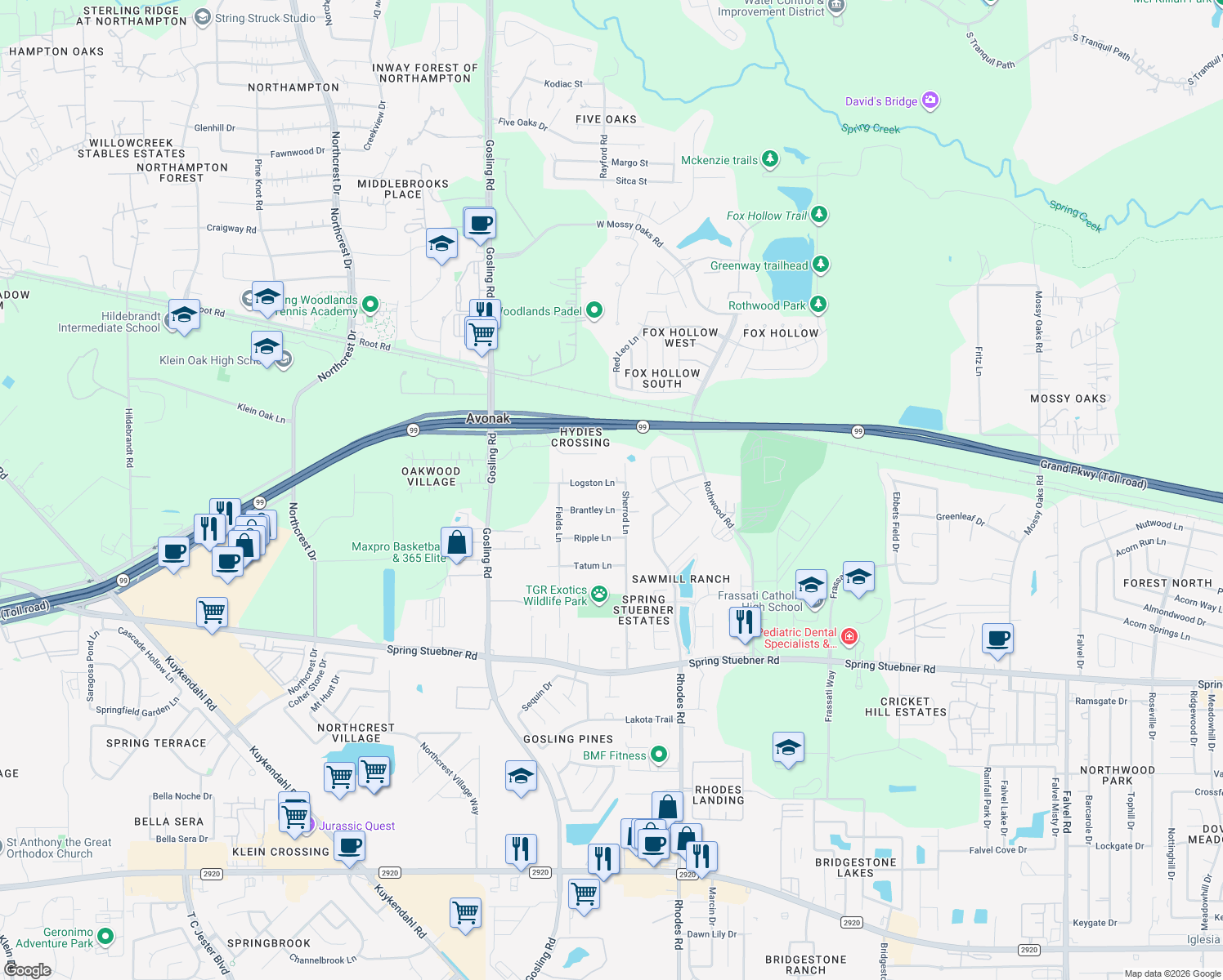 map of restaurants, bars, coffee shops, grocery stores, and more near 5311 Logston Lane in Spring