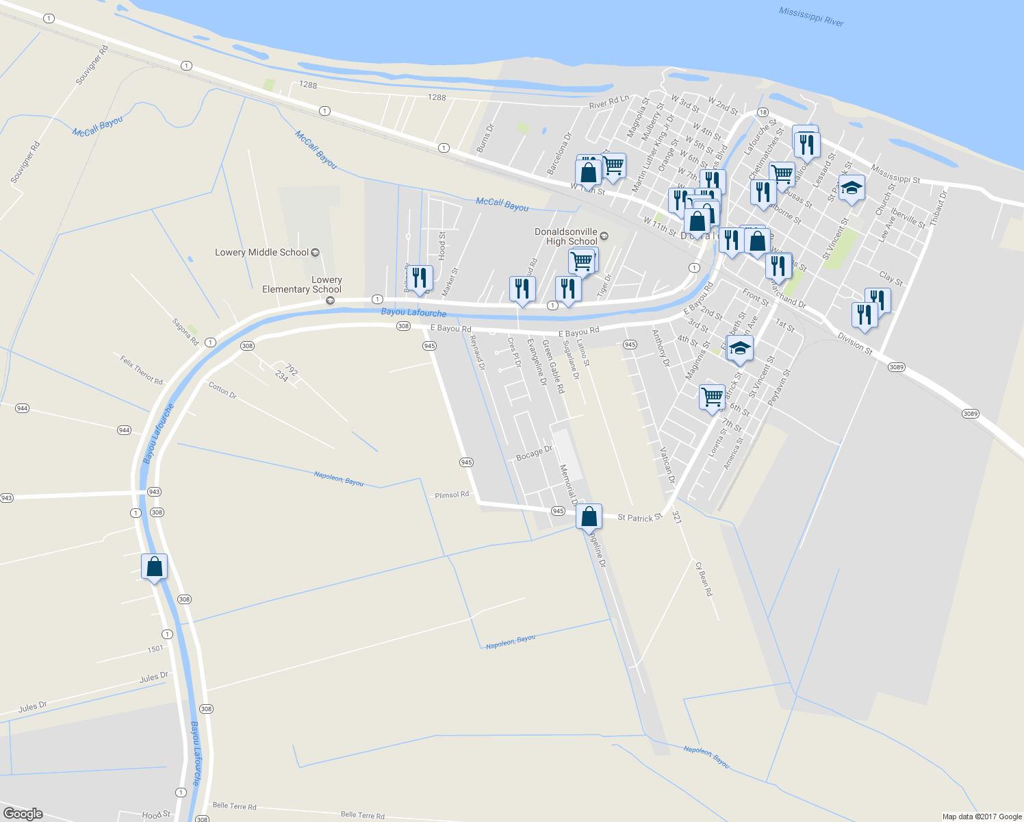 map of restaurants, bars, coffee shops, grocery stores, and more near 120 Ashland Dr in Donaldsonville