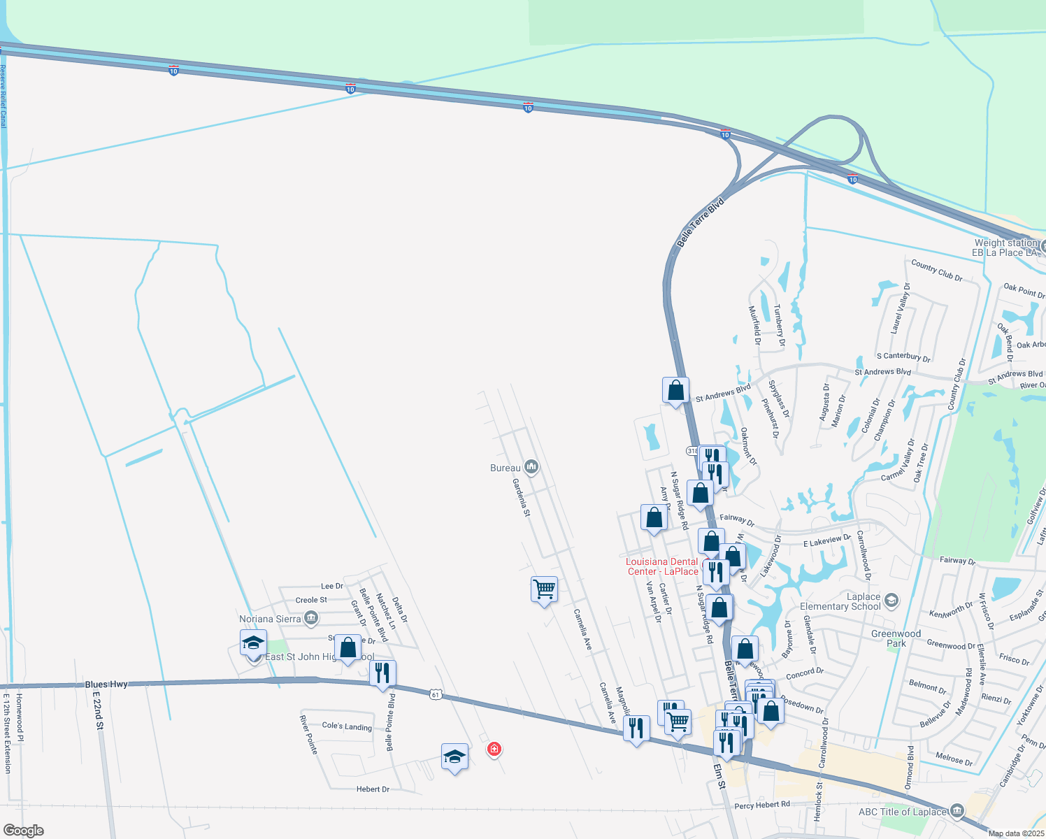 map of restaurants, bars, coffee shops, grocery stores, and more near 709 Magnolia Drive in LaPlace