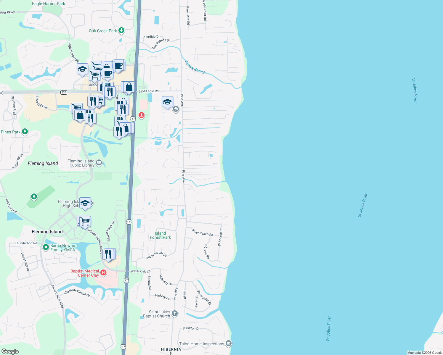 map of restaurants, bars, coffee shops, grocery stores, and more near 170 N Ridge Dr in Orange Park