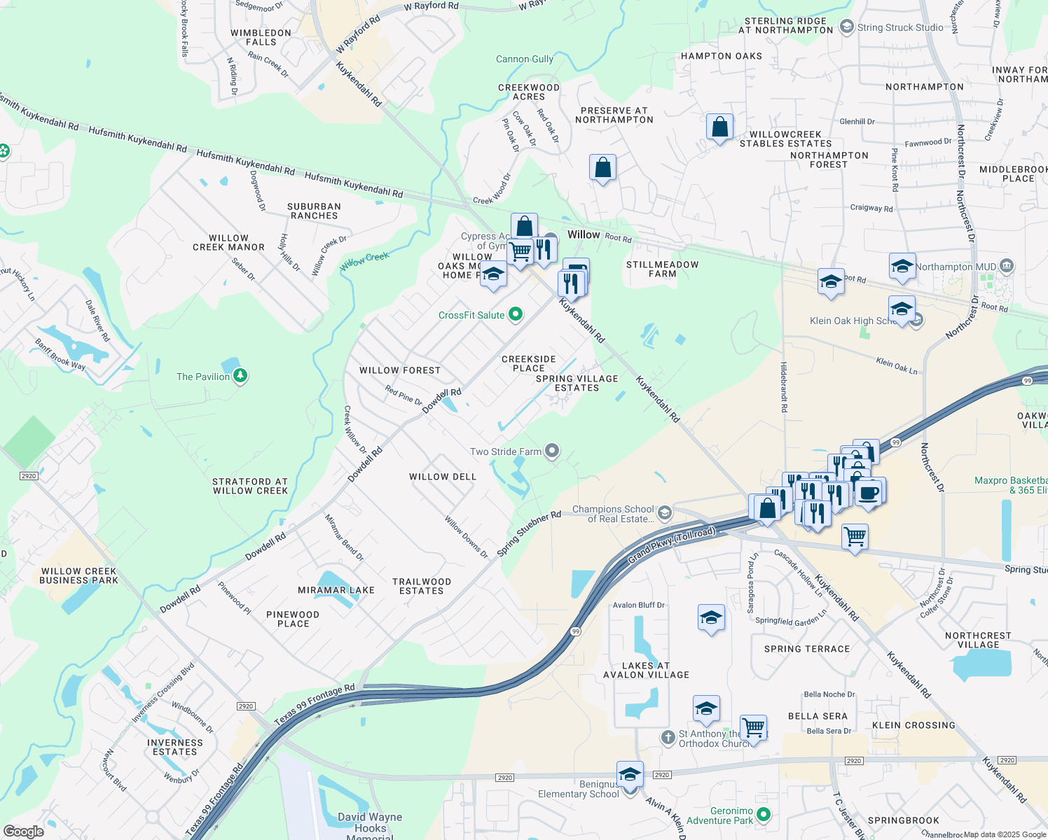 map of restaurants, bars, coffee shops, grocery stores, and more near 22911 Kuykendahl Road in Spring