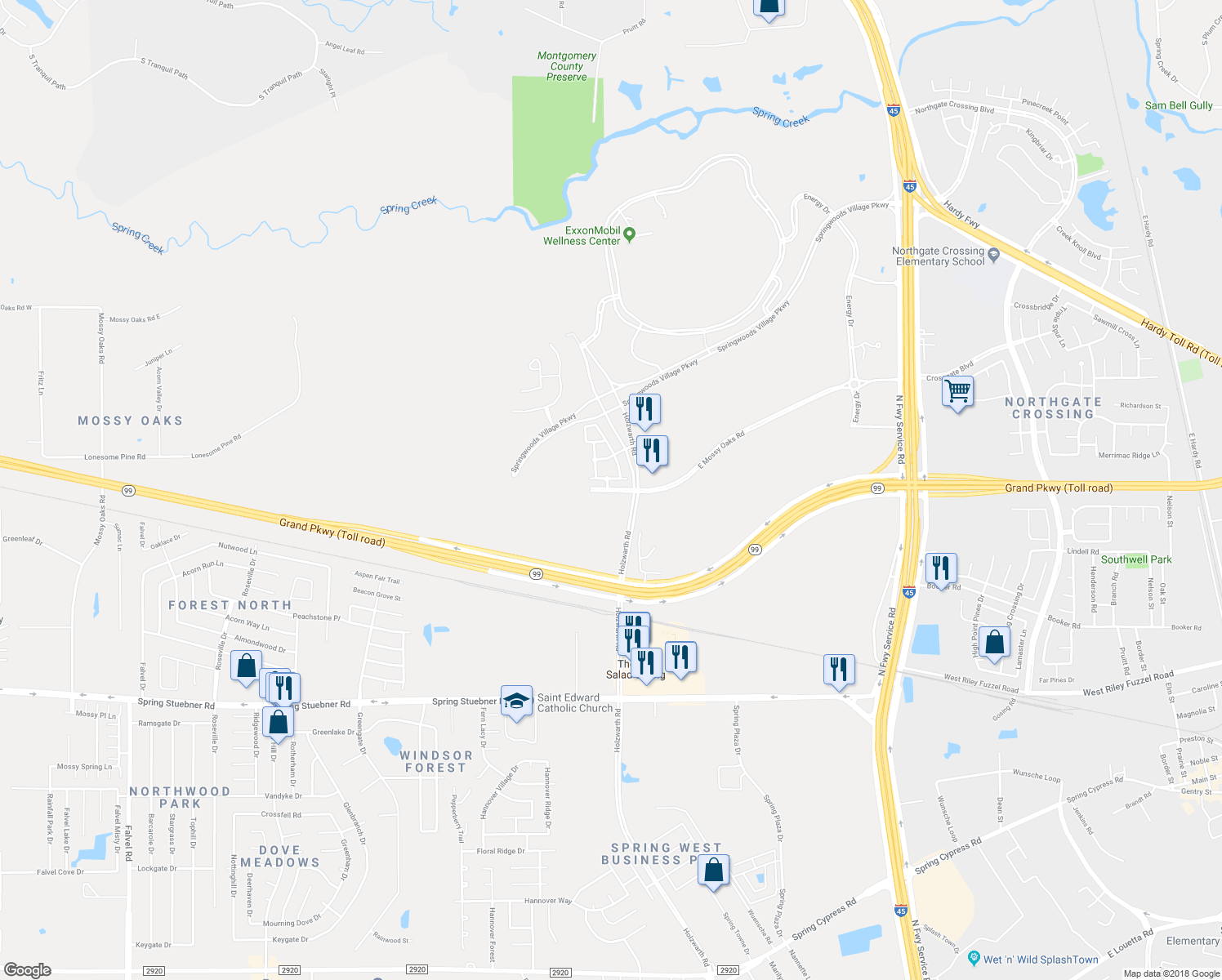 map of restaurants, bars, coffee shops, grocery stores, and more near Luquet Lane in Spring