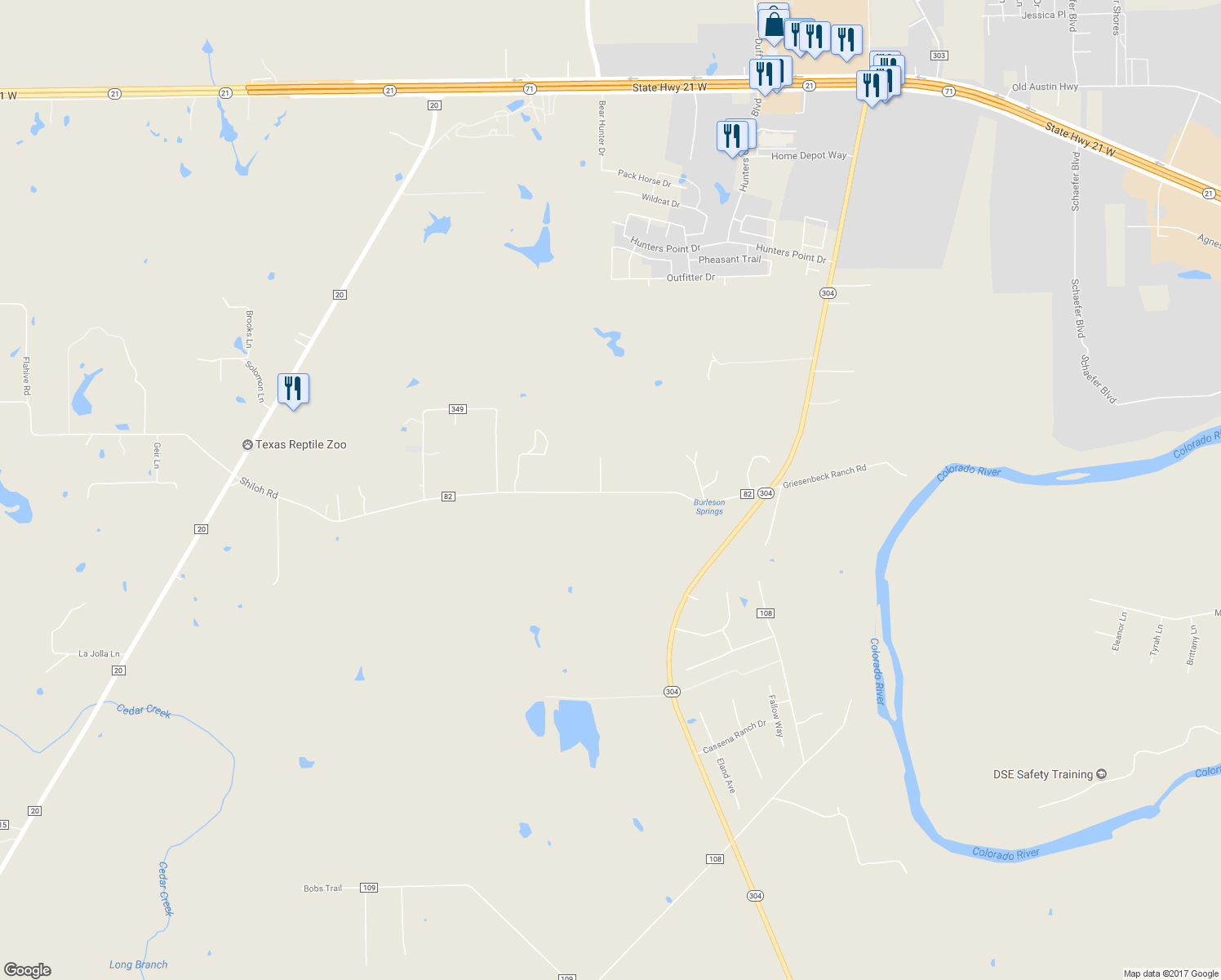 map of restaurants, bars, coffee shops, grocery stores, and more near 220 Shiloh Road in Bastrop