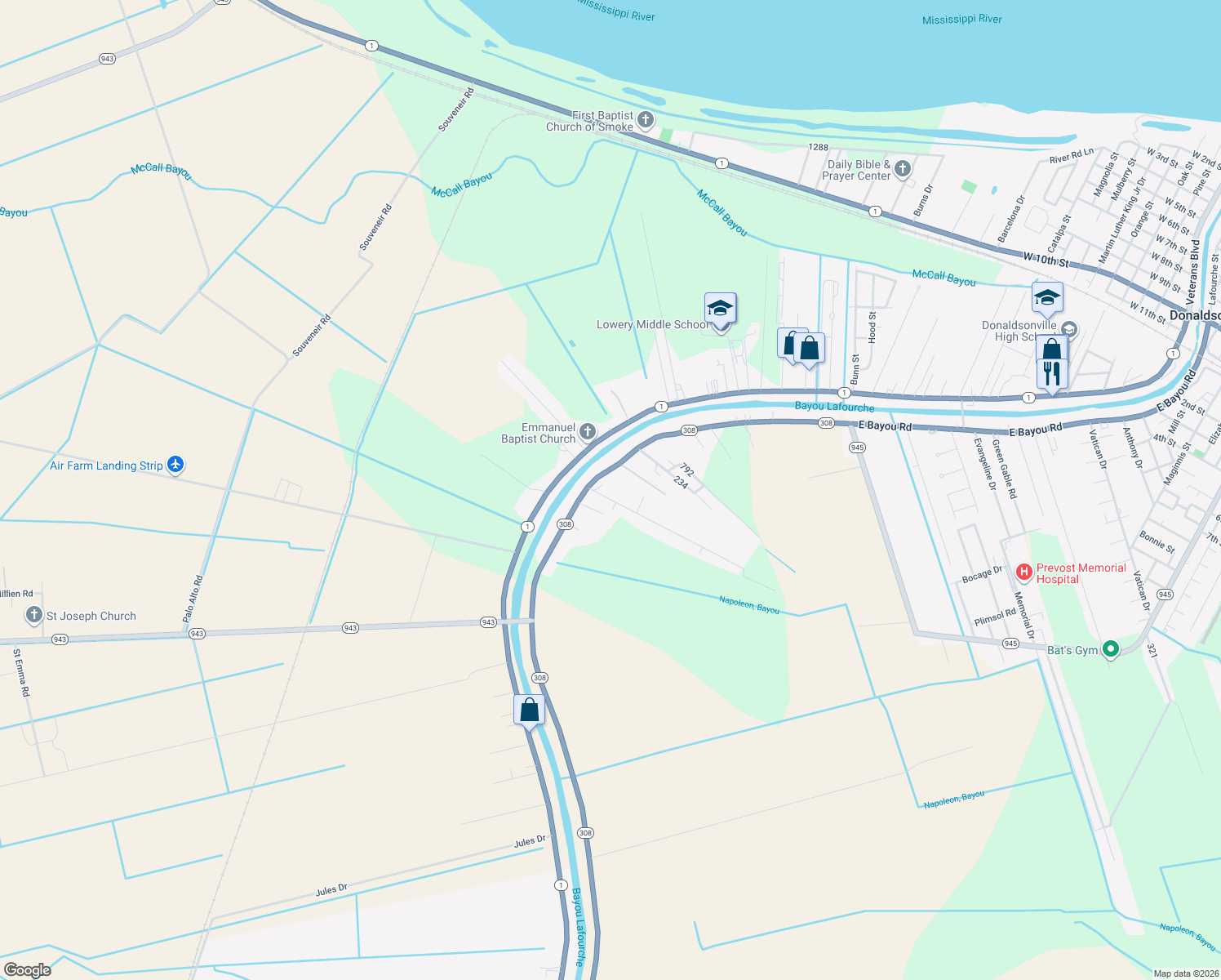 map of restaurants, bars, coffee shops, grocery stores, and more near 34554 Cotton Dr in Donaldsonville