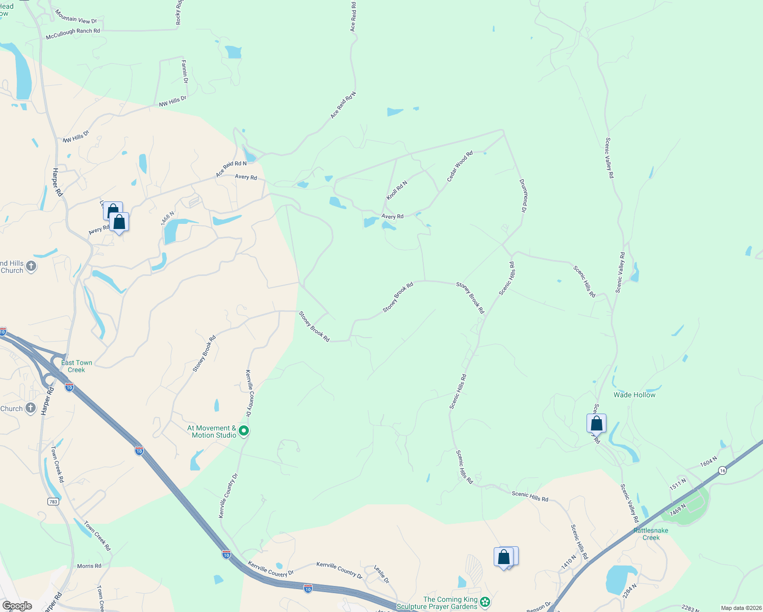 map of restaurants, bars, coffee shops, grocery stores, and more near 231 Stoney Brook Road in Kerrville