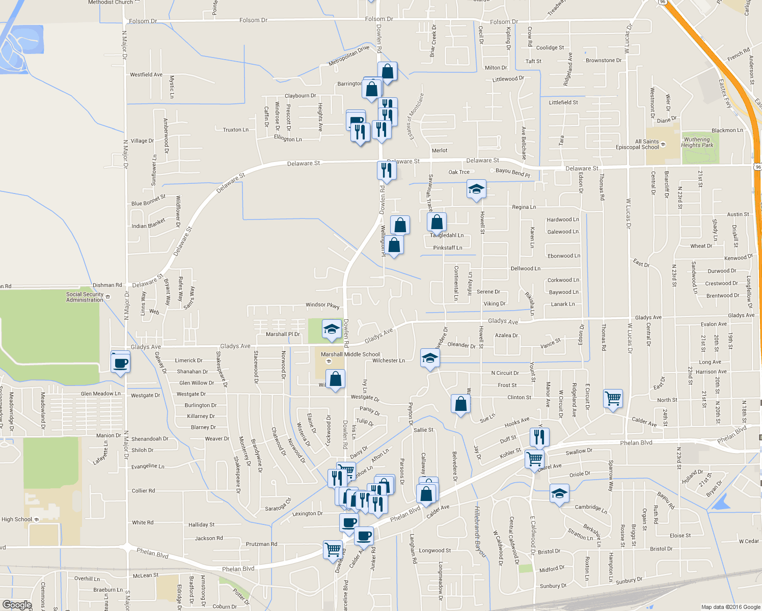 map of restaurants, bars, coffee shops, grocery stores, and more near 1415 Wellington Oaks Street in Beaumont