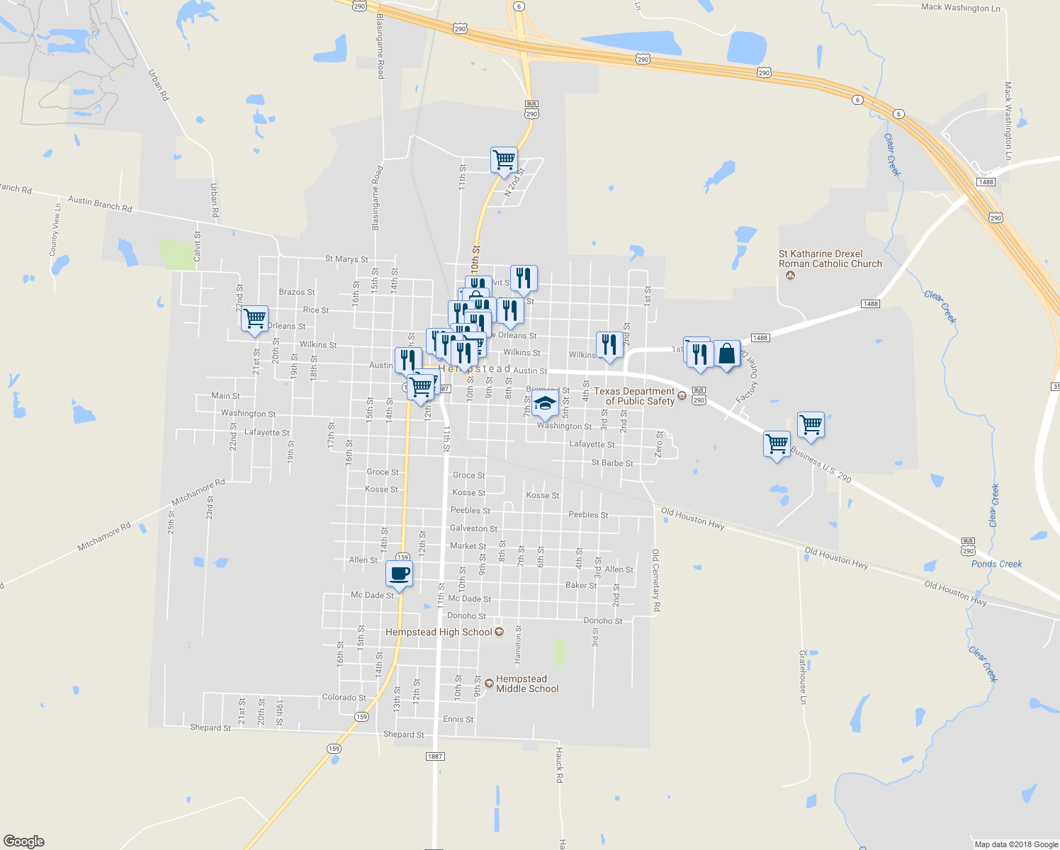 map of restaurants, bars, coffee shops, grocery stores, and more near 637 Washington Street in Hempstead