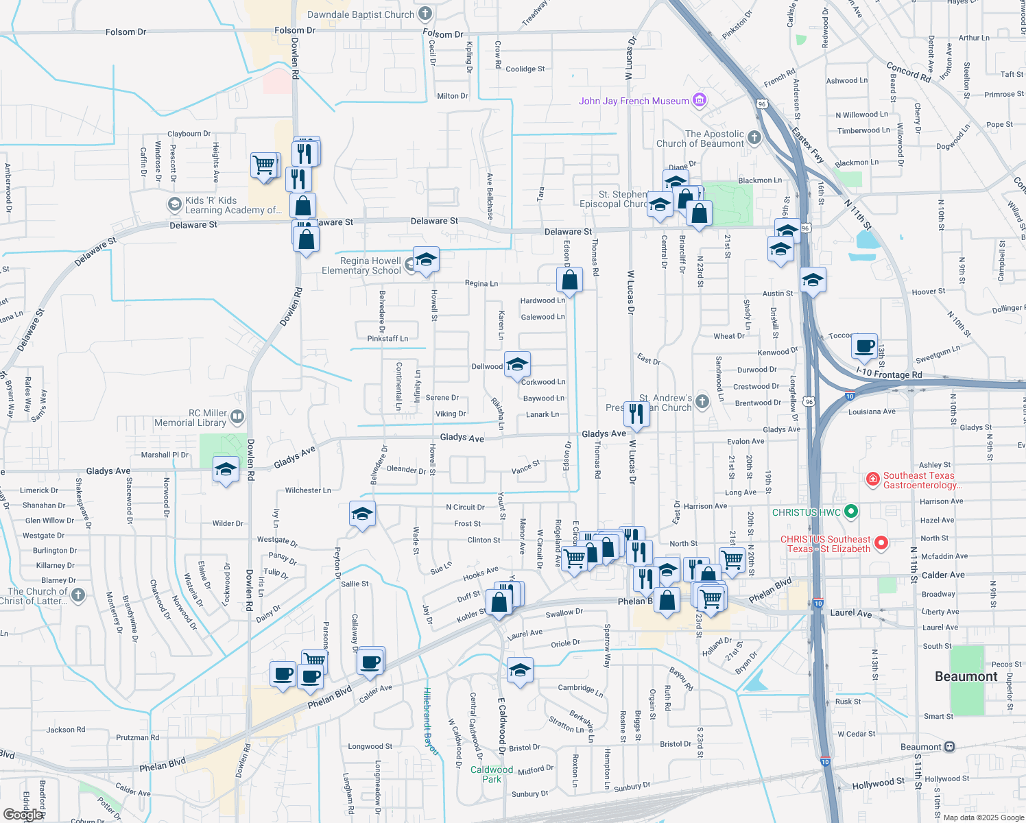 map of restaurants, bars, coffee shops, grocery stores, and more near 1355 Drummond Drive in Beaumont