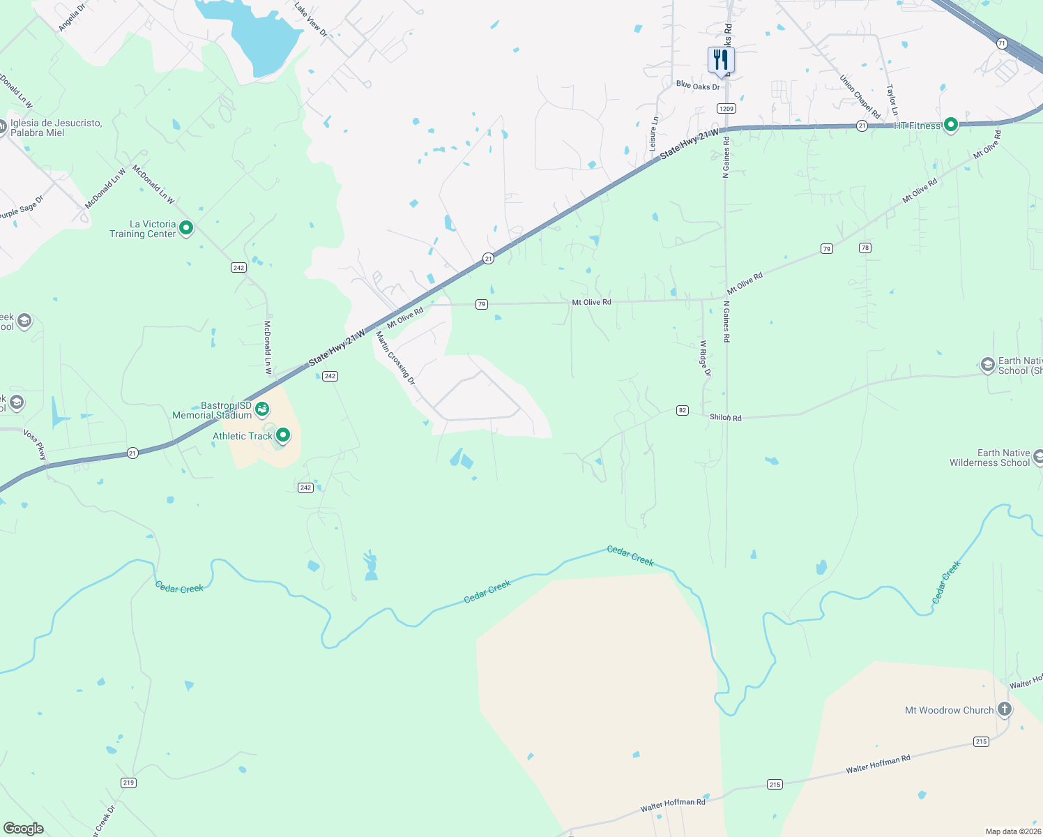 map of restaurants, bars, coffee shops, grocery stores, and more near 168 Hay Meadow Road in Cedar Creek