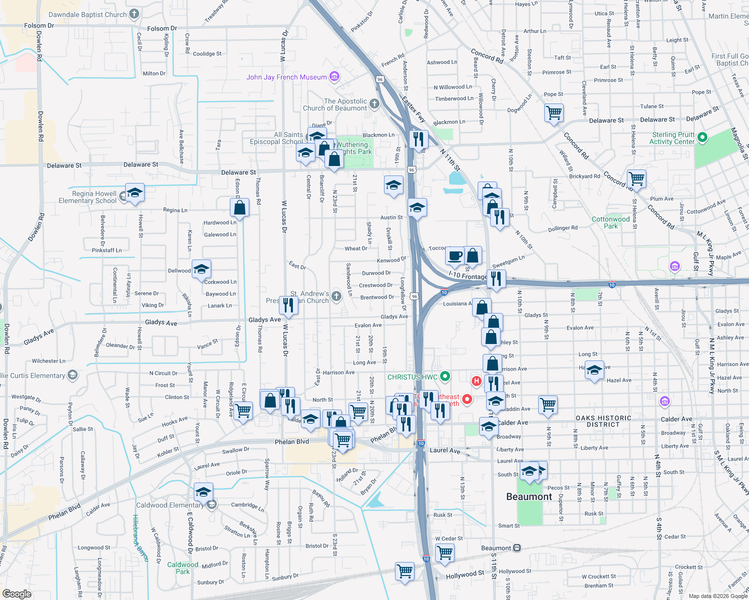 map of restaurants, bars, coffee shops, grocery stores, and more near 1250 Oakcrest Circle in Beaumont