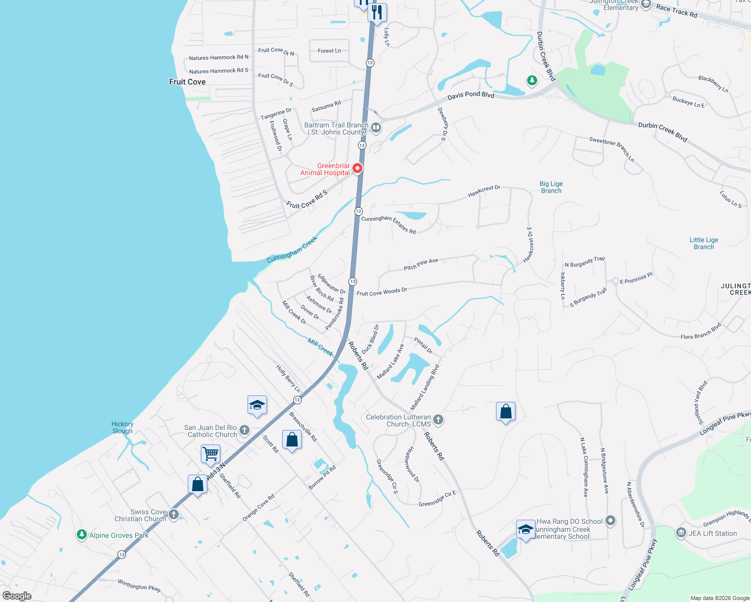 map of restaurants, bars, coffee shops, grocery stores, and more near 1548 Fruit Cove Woods Drive in Jacksonville