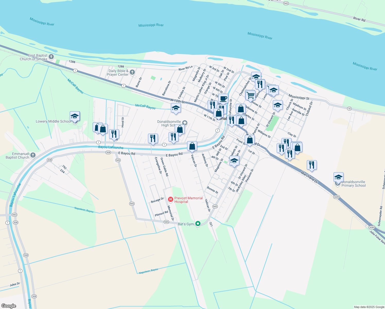 map of restaurants, bars, coffee shops, grocery stores, and more near 101 Vatican Drive in Donaldsonville