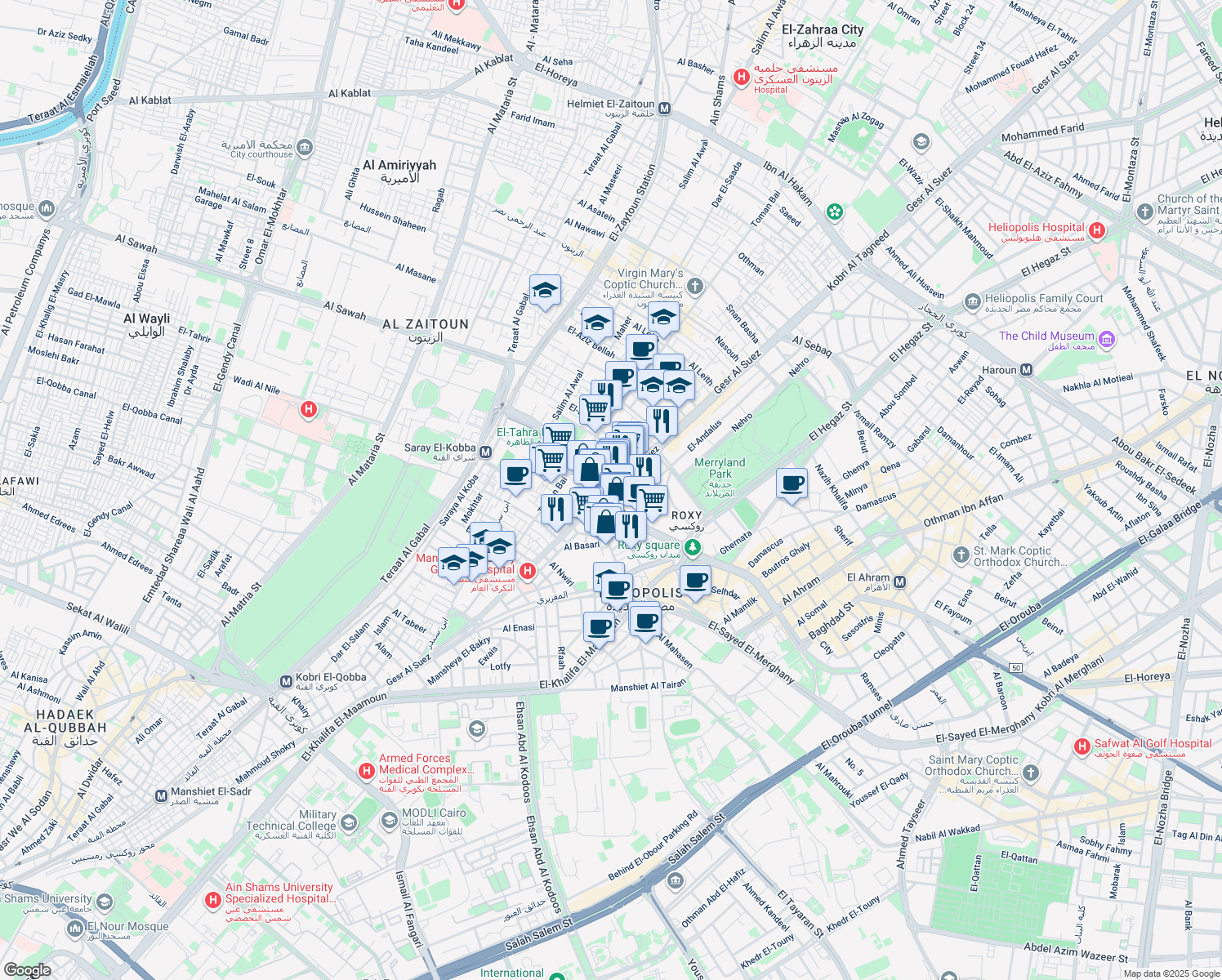 map of restaurants, bars, coffee shops, grocery stores, and more near Gesr Al Suez in Zeitoun