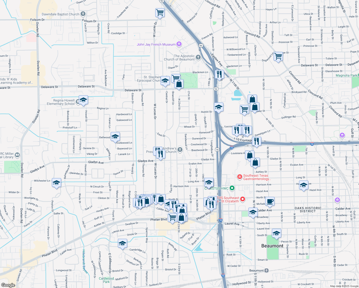 map of restaurants, bars, coffee shops, grocery stores, and more near 1450 N 23rd St in Beaumont