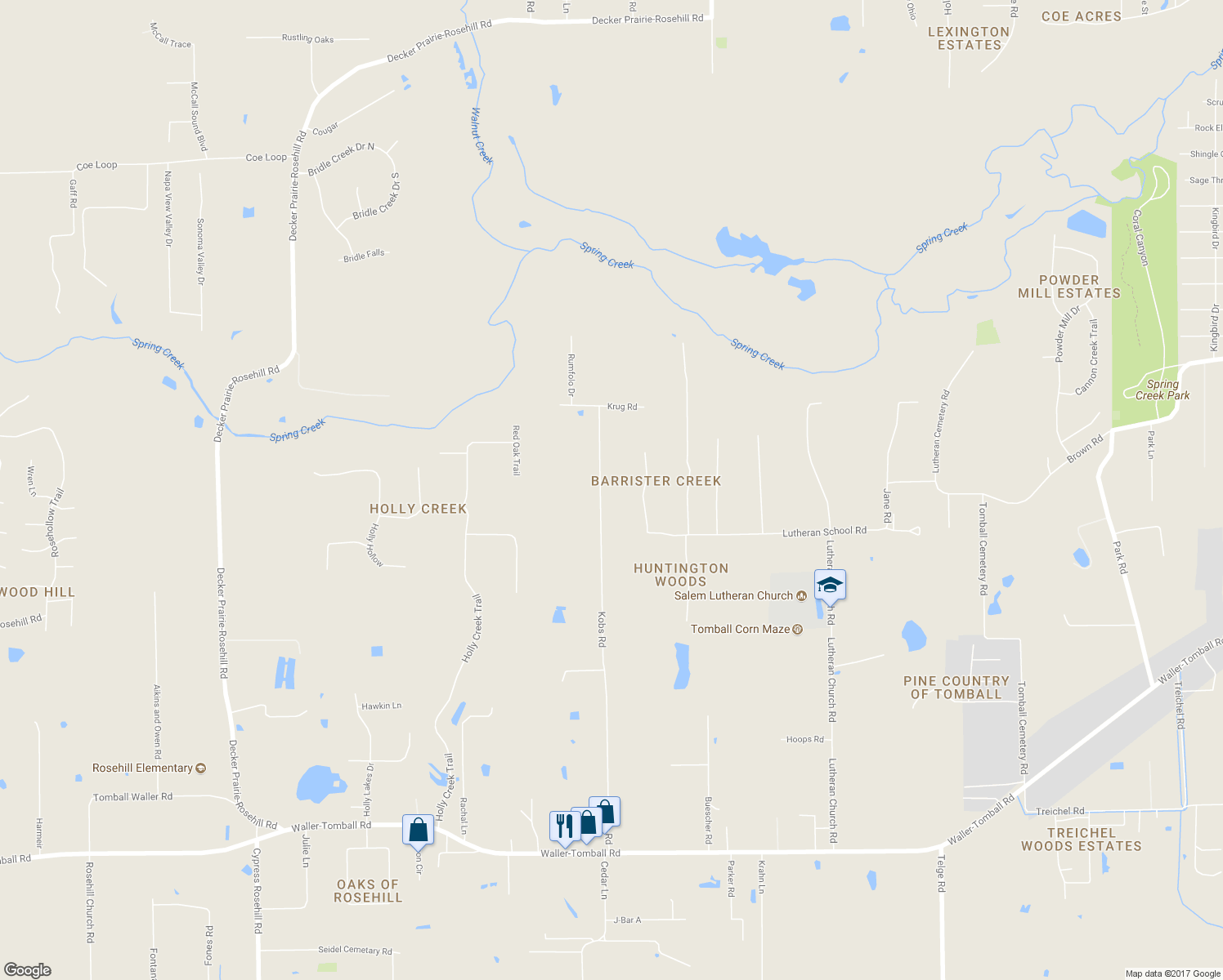 map of restaurants, bars, coffee shops, grocery stores, and more near 22902 Kobs Road in Tomball