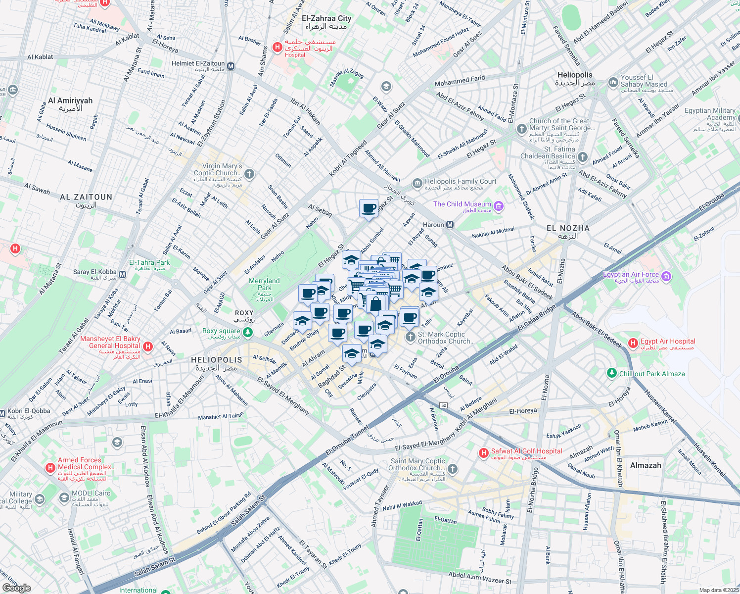 map of restaurants, bars, coffee shops, grocery stores, and more near 26 Beirut in Heliopolis