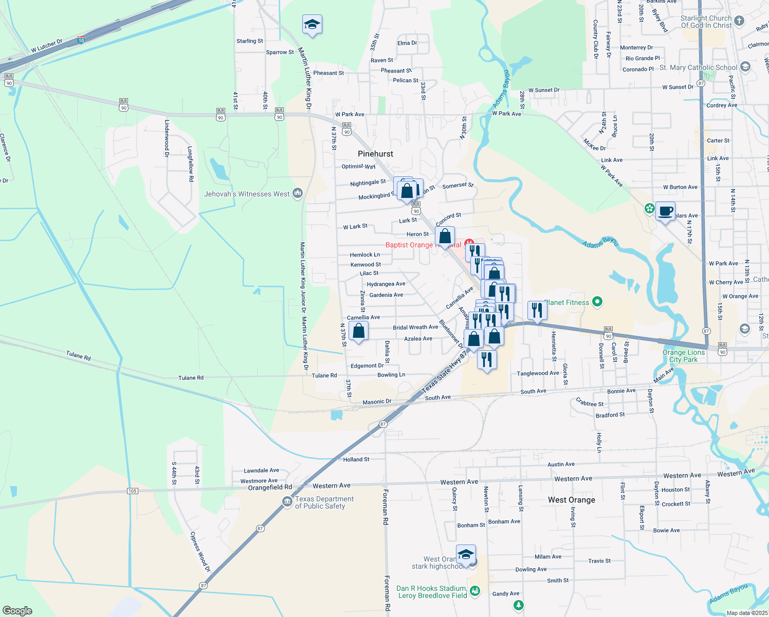 map of restaurants, bars, coffee shops, grocery stores, and more near 507 Crepe Myrtle Avenue in Orange