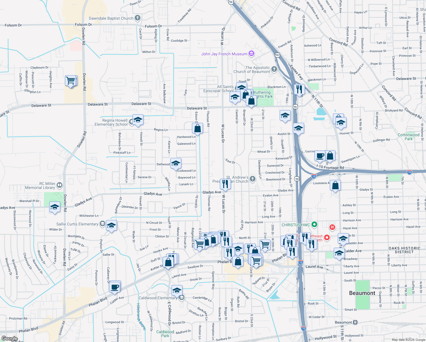 map of restaurants, bars, coffee shops, grocery stores, and more near 1470 Thomas Rd in Beaumont