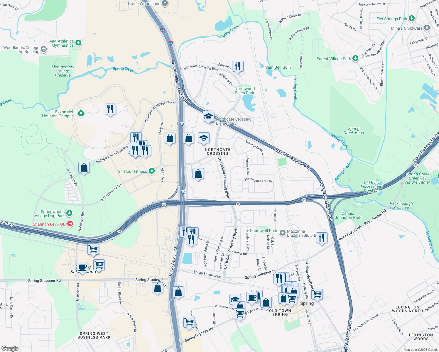 map of restaurants, bars, coffee shops, grocery stores, and more near 1002 Cross Saddle Court in Spring
