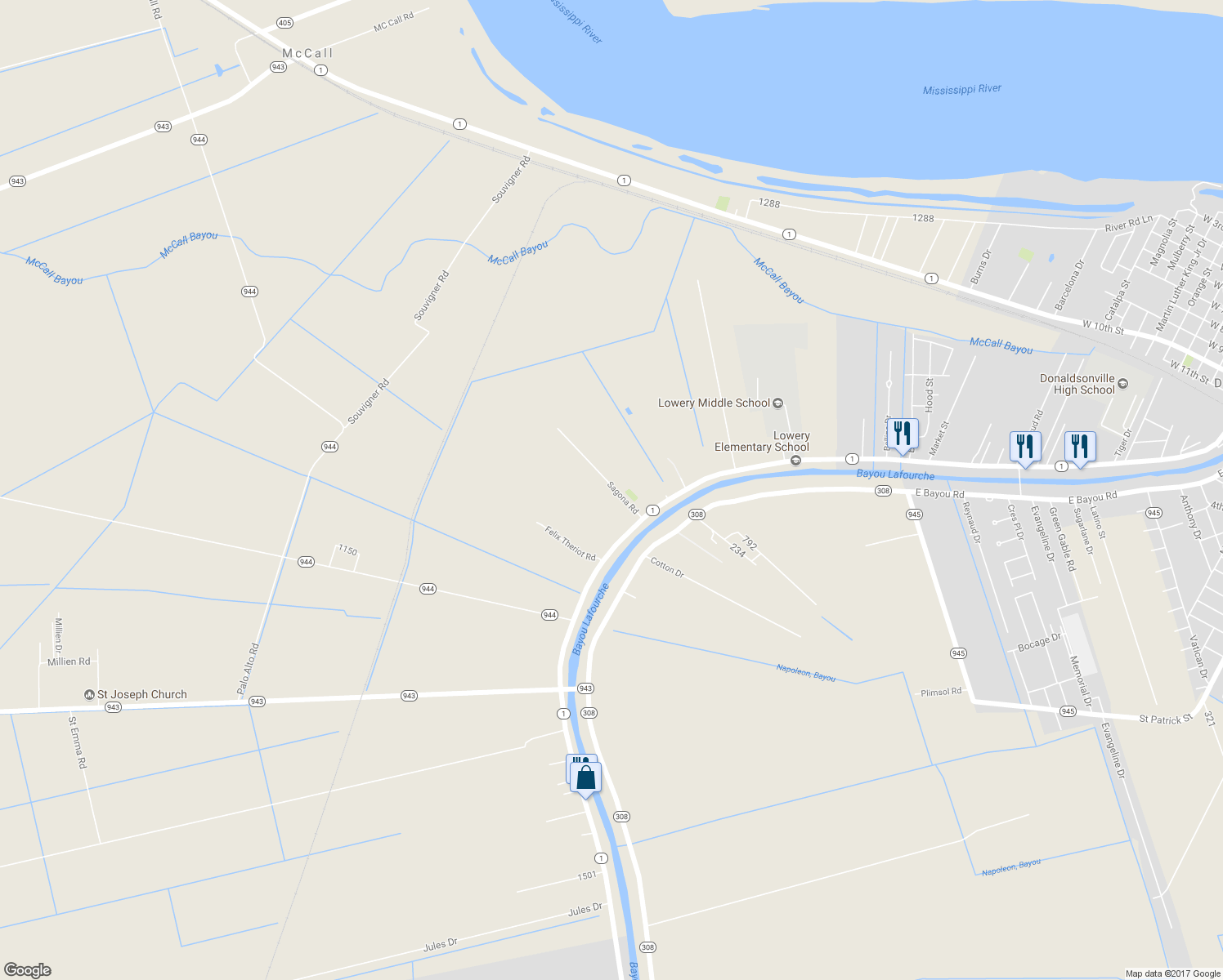 map of restaurants, bars, coffee shops, grocery stores, and more near 2179 Sagona Road in Donaldsonville