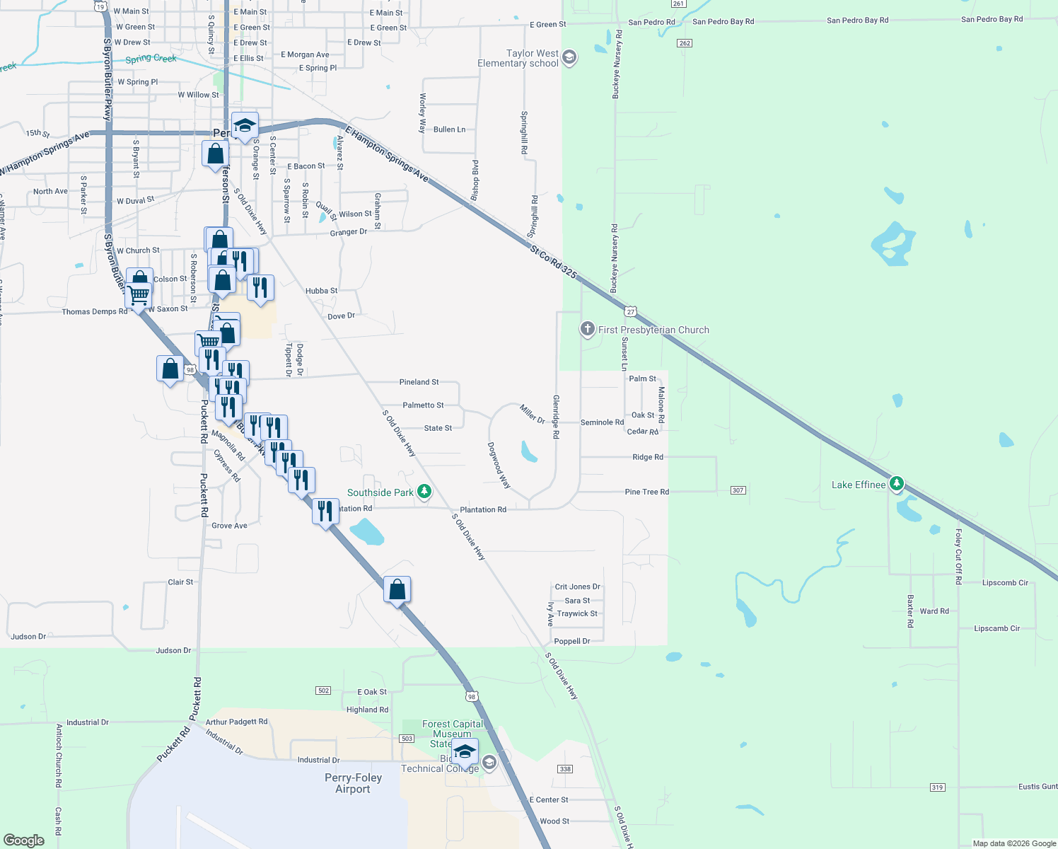 map of restaurants, bars, coffee shops, grocery stores, and more near 304 Dogwood Way in Perry