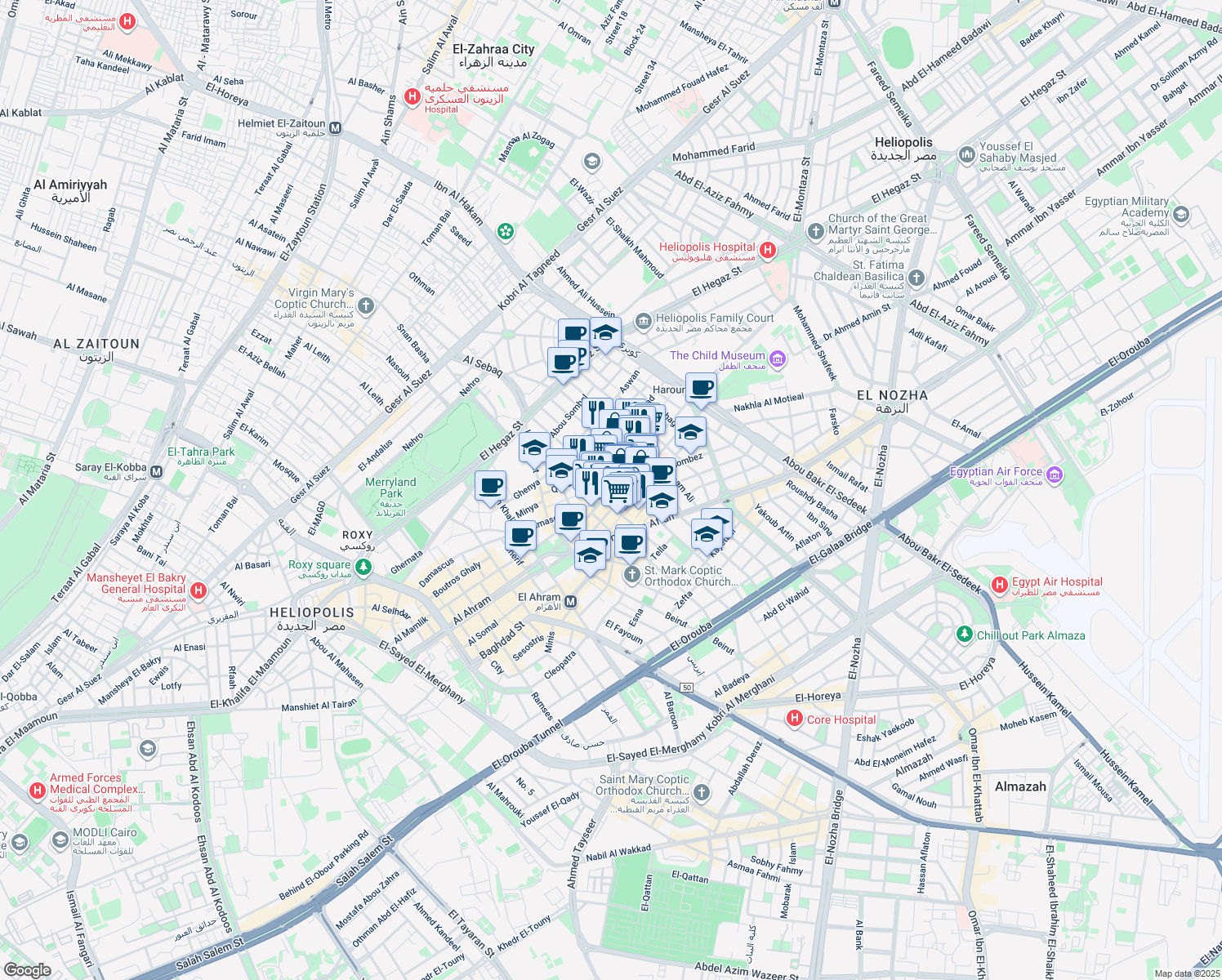 map of restaurants, bars, coffee shops, grocery stores, and more near Al Gamea Sq. in Heliopolis