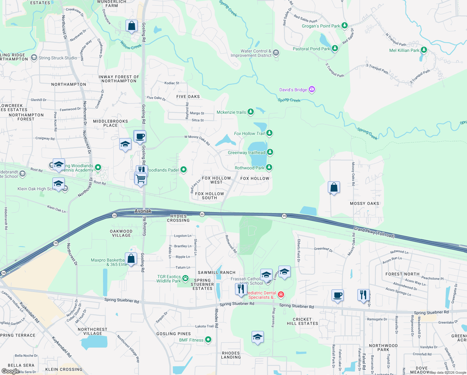 map of restaurants, bars, coffee shops, grocery stores, and more near 22915 Squirrel Tree Street in Spring
