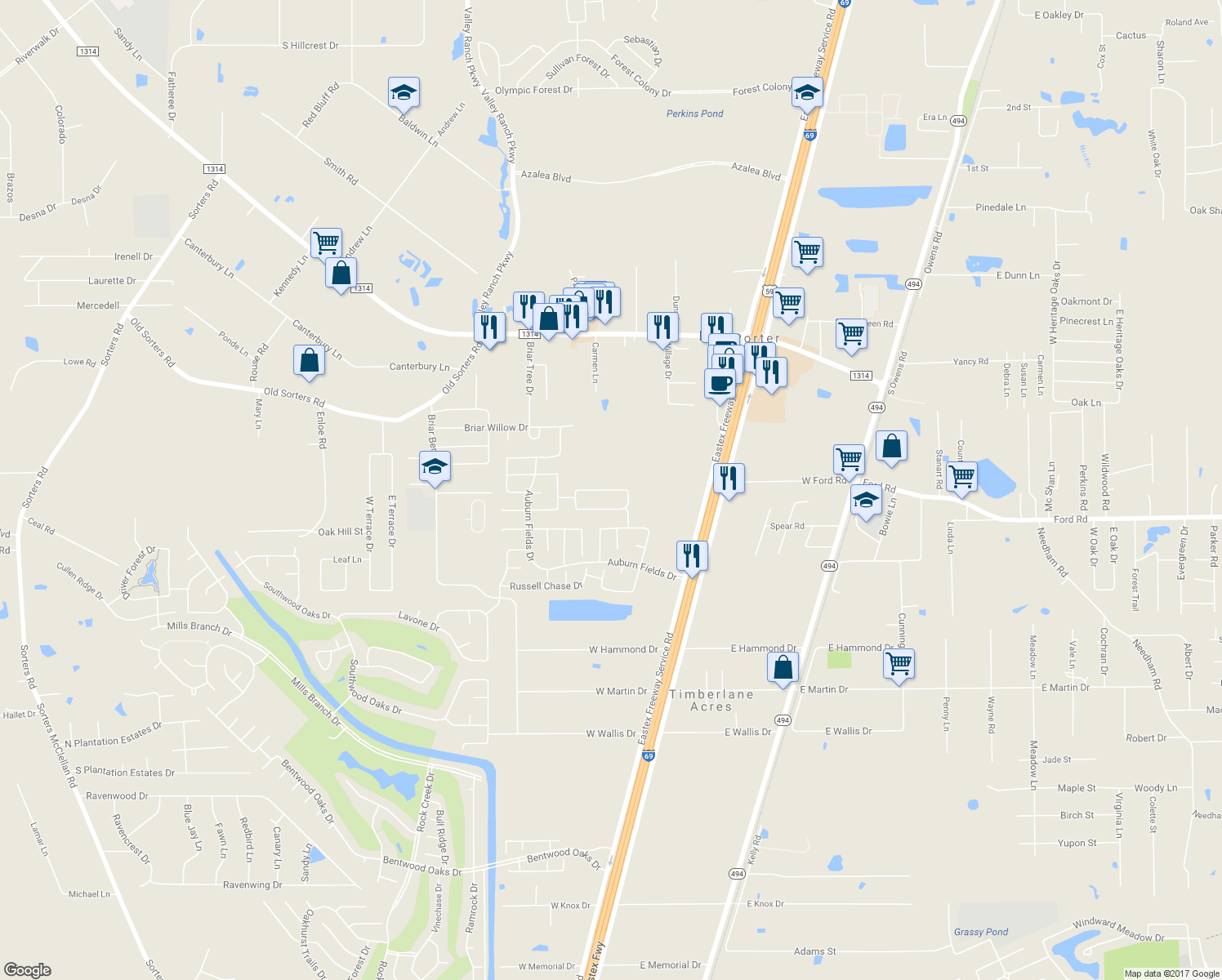 map of restaurants, bars, coffee shops, grocery stores, and more near 23114 Mestina Knoll Drive in Porter