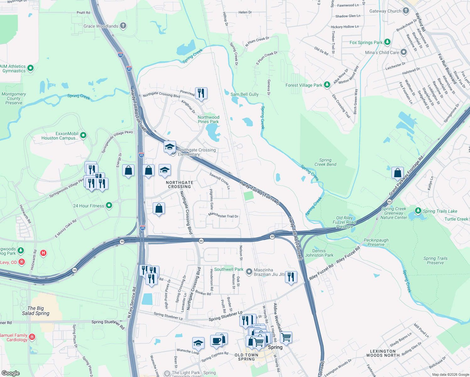 map of restaurants, bars, coffee shops, grocery stores, and more near 610 Linden Manor Court in Spring