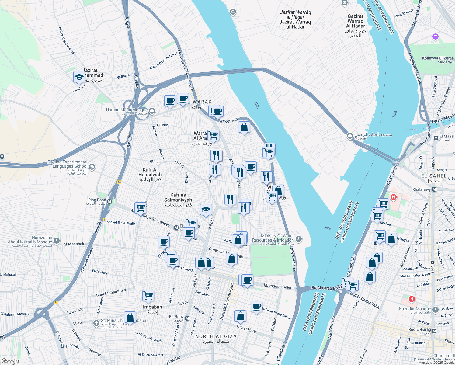 map of restaurants, bars, coffee shops, grocery stores, and more near Rehab in Al Warak