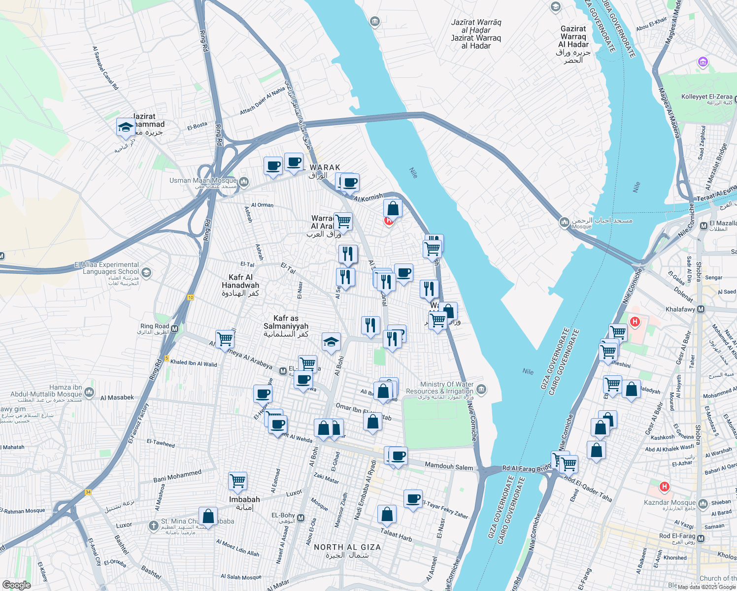 map of restaurants, bars, coffee shops, grocery stores, and more near Rehab in Al Warak