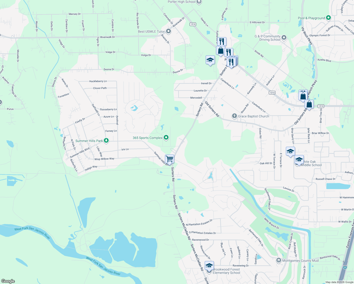 map of restaurants, bars, coffee shops, grocery stores, and more near 24094 Sorters Road in Porter