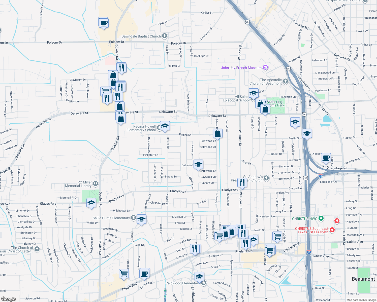 map of restaurants, bars, coffee shops, grocery stores, and more near 1790 Rikisha Lane in Beaumont